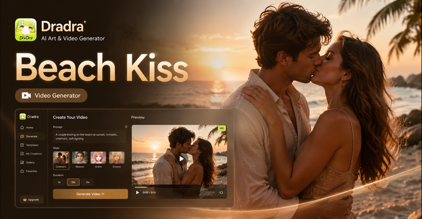 AI generated cinematic beach kiss video from a photo