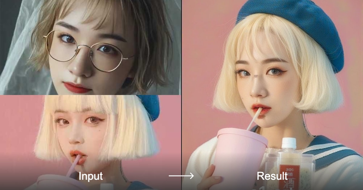 A face swap filter shown as input and generated result