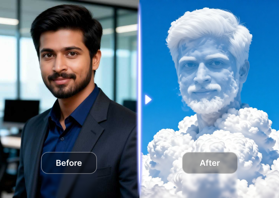 Split view of a man's front image turning to him in a cloud form
