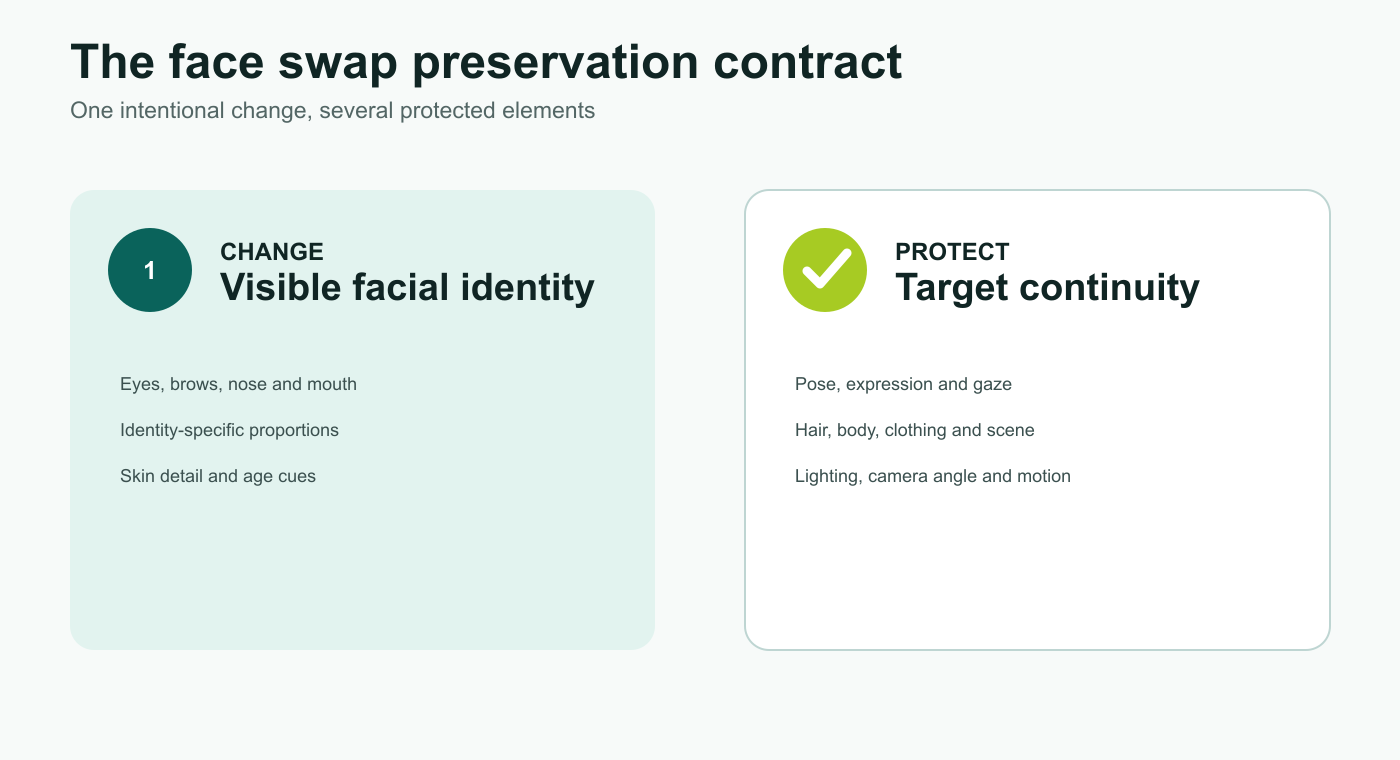 Face swap preservation contract showing intended changes and protected elements