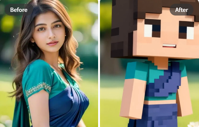 Example of a photo transforming into Minecraft block art
