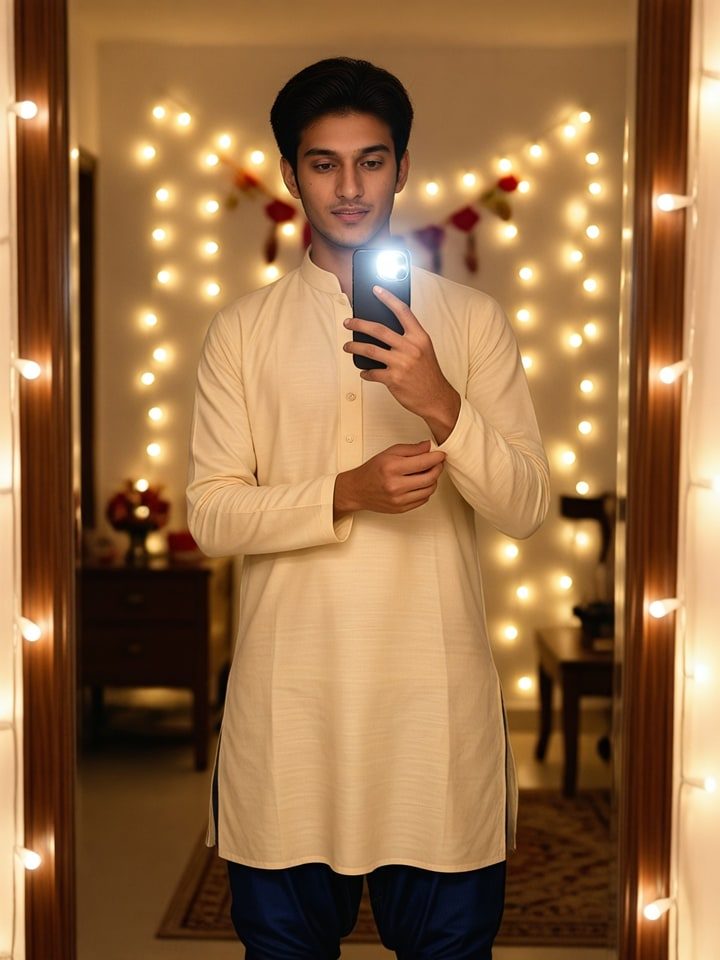 Retrato de espelho com kurta creme gerado a partir de um filtro de roupa para uma pessoa