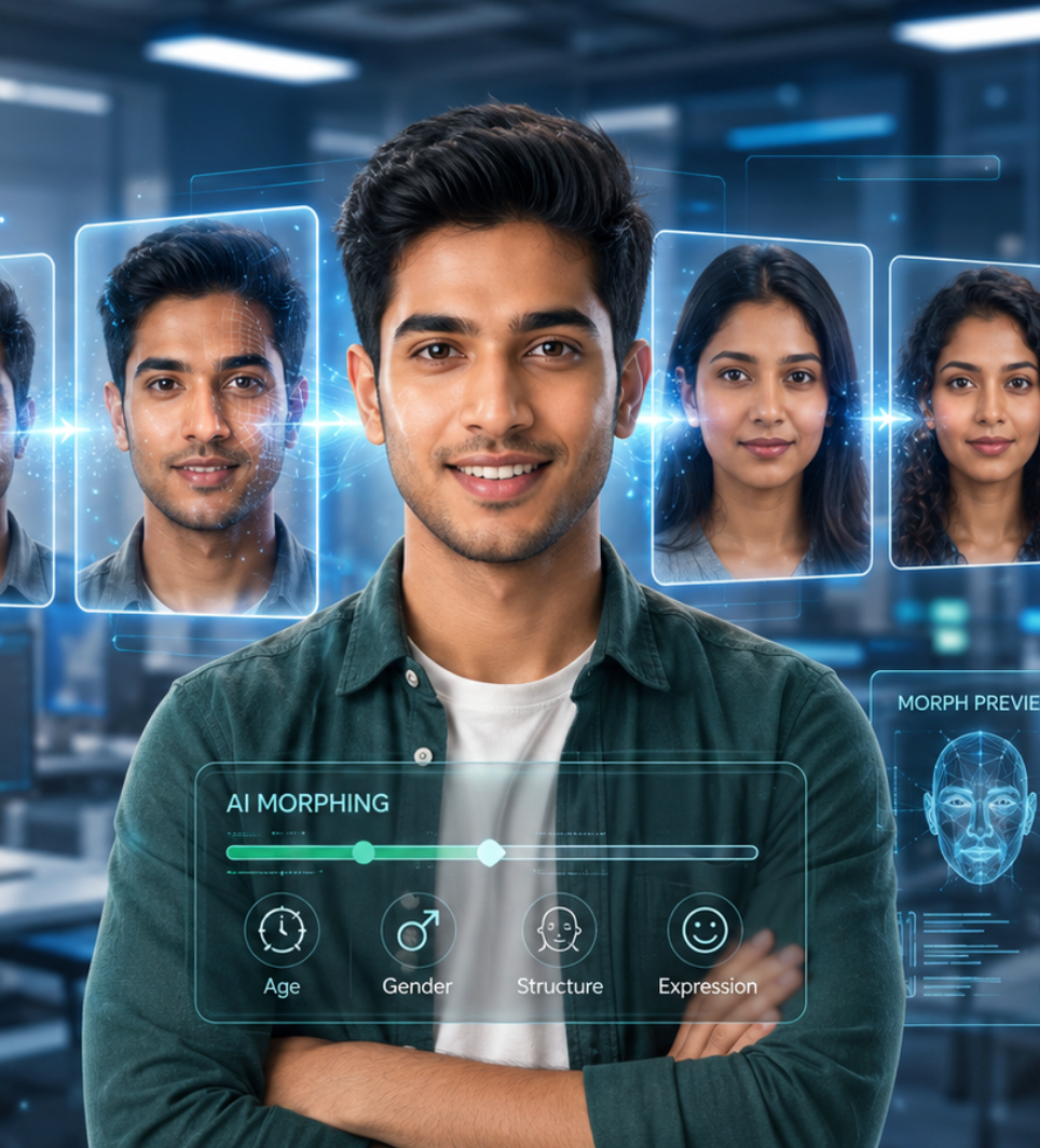 Transformasi morph wajah AI dari satu orang ke orang lain