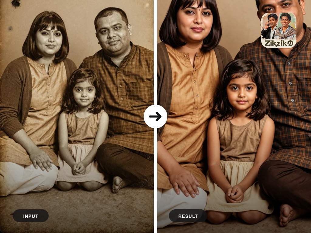 An official AI Restore Old Photo filter sample showing a damaged sepia family portrait beside the cleaner colourised result