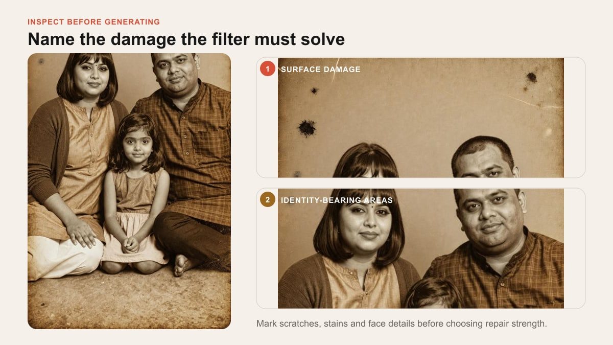 The official filter input with enlarged views of scratches stains and identity-bearing facial details