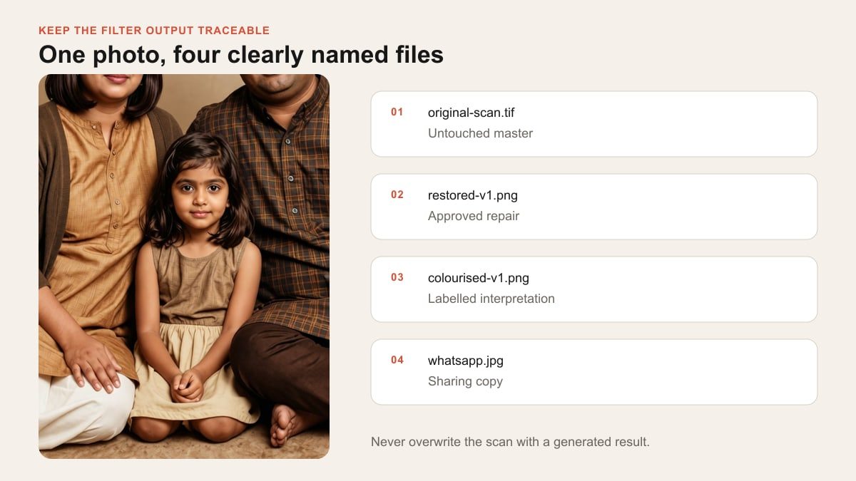 An official filter result beside example filenames for the original restored colourised and sharing copies