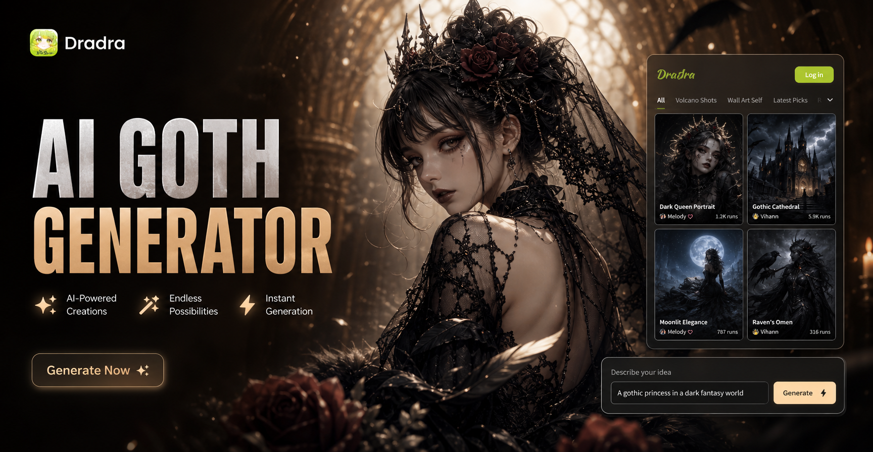 AI Goth Generator transforming a portrait into dark fantasy art