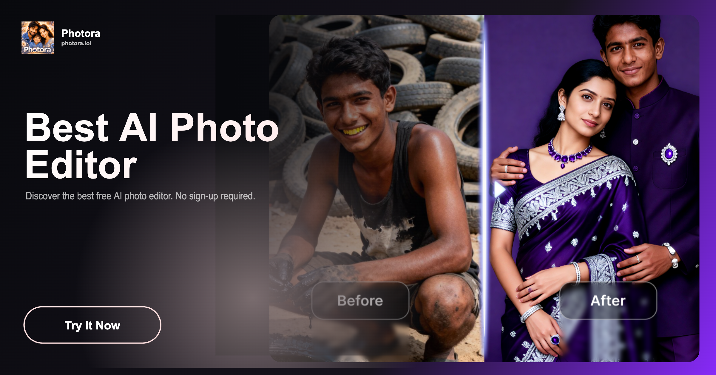 Antarmuka editing foto AI menunjukkan transformasi sebelum dan sesudah
