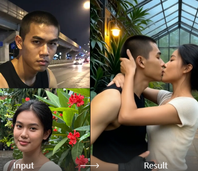 커플 사진에서 무성한 정원 장면을 생성하는 AI