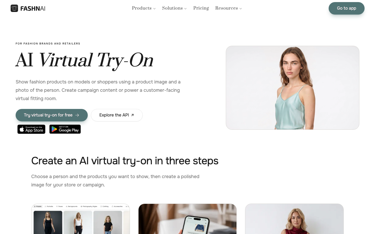 FASHN AI Virtual-Try-On-Seite, die den spezialisierten Workflow mit Person plus Produkt zeigt