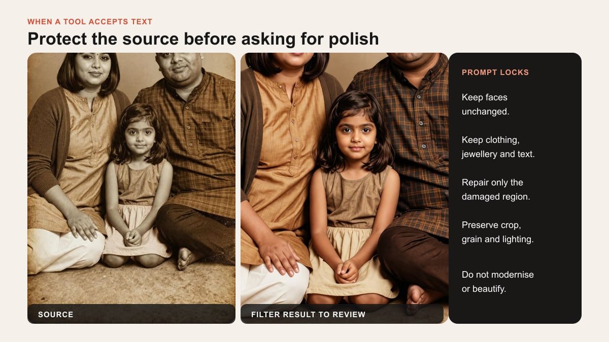 The official AI Restore Old Photo input and result beside a list of prompt constraints that protect identity