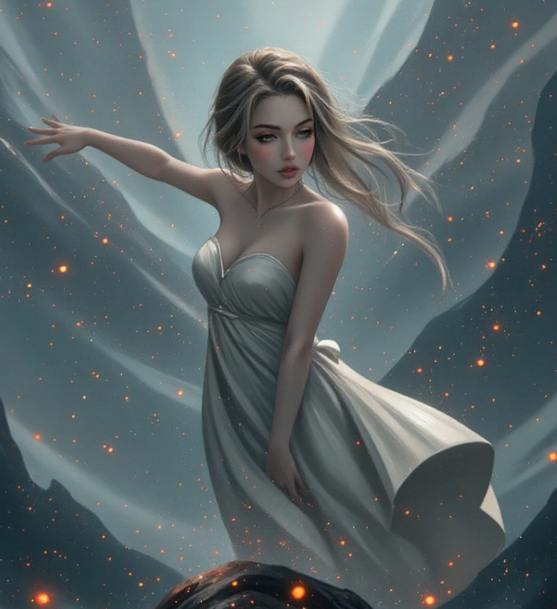 Cool and charming girl fantasy-style wearing a grey dress