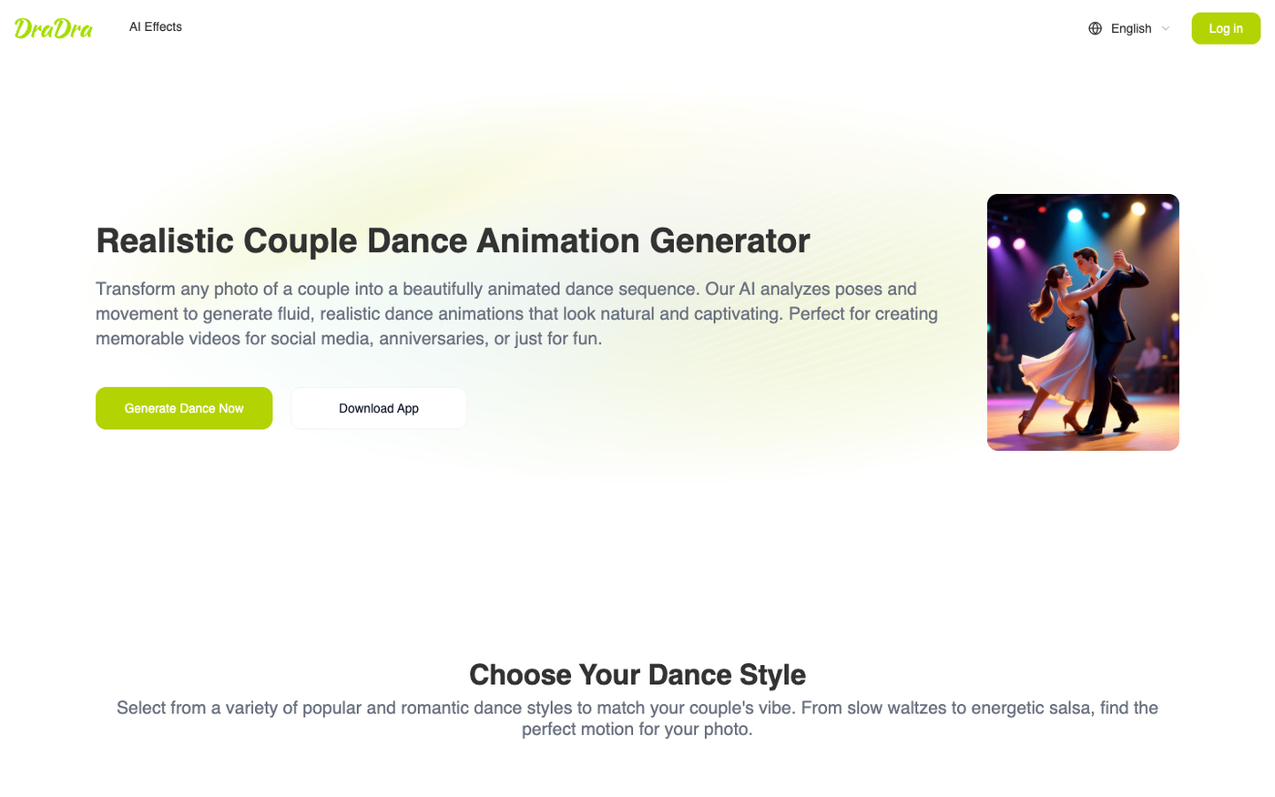 DraDra Realistic Couple Dance Animation Generator page with the upload-led dance workflow