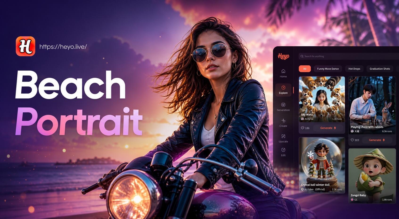 AI generated beach motorcycle portrait with sunset