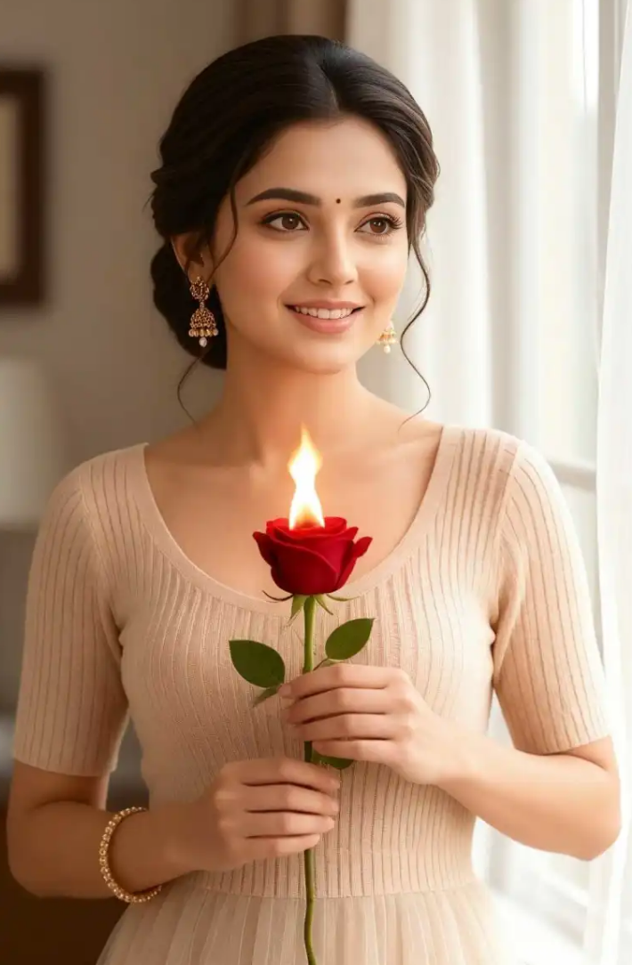 A woman holding a firing rose