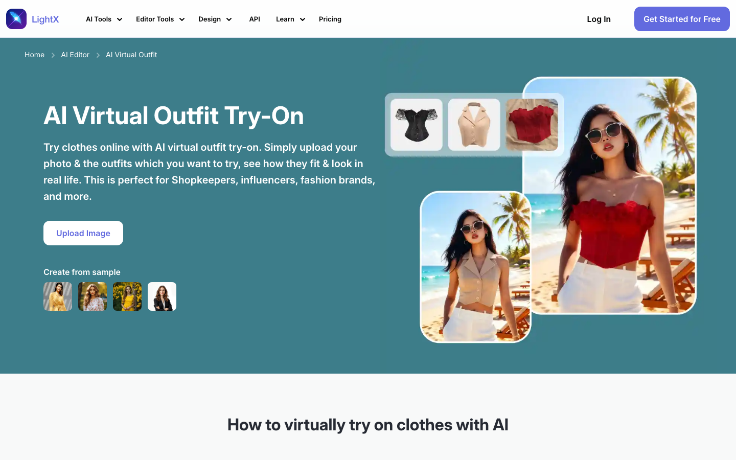 LightX virtual outfit try-on page showing the person and garment workflow