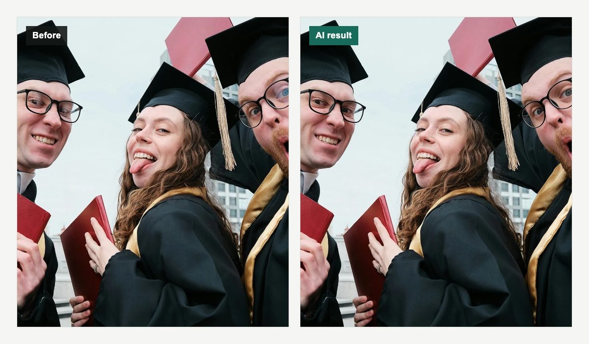 दो लोगों पर सुधारे गए प्रतिबिंबों के साथ आधिकारिक पहले और एआई परिणाम समूह-फोटो तुलना