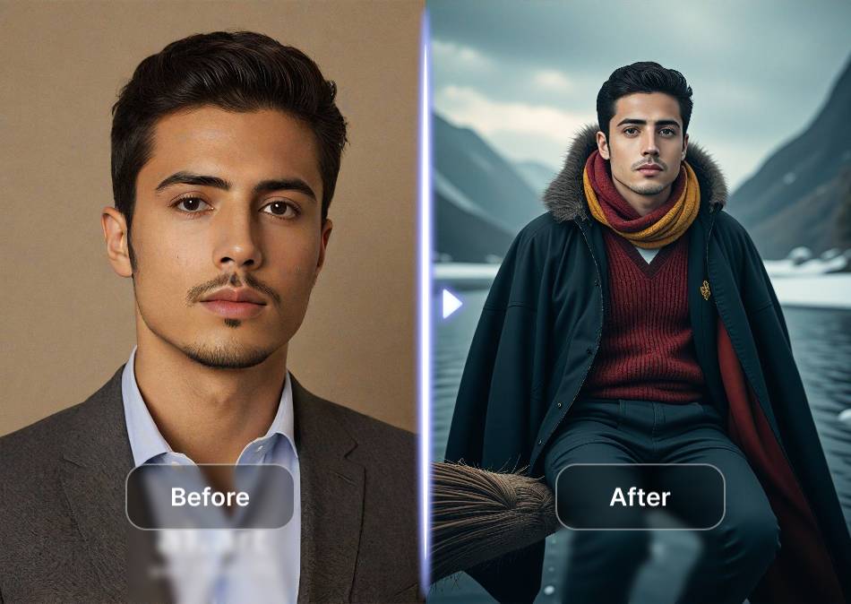 A split view of a man's photo turning to a magician