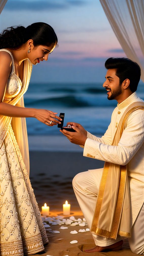 Cena gerada de proposta de casamento indiano com estilo lehenga marfim e sherwani