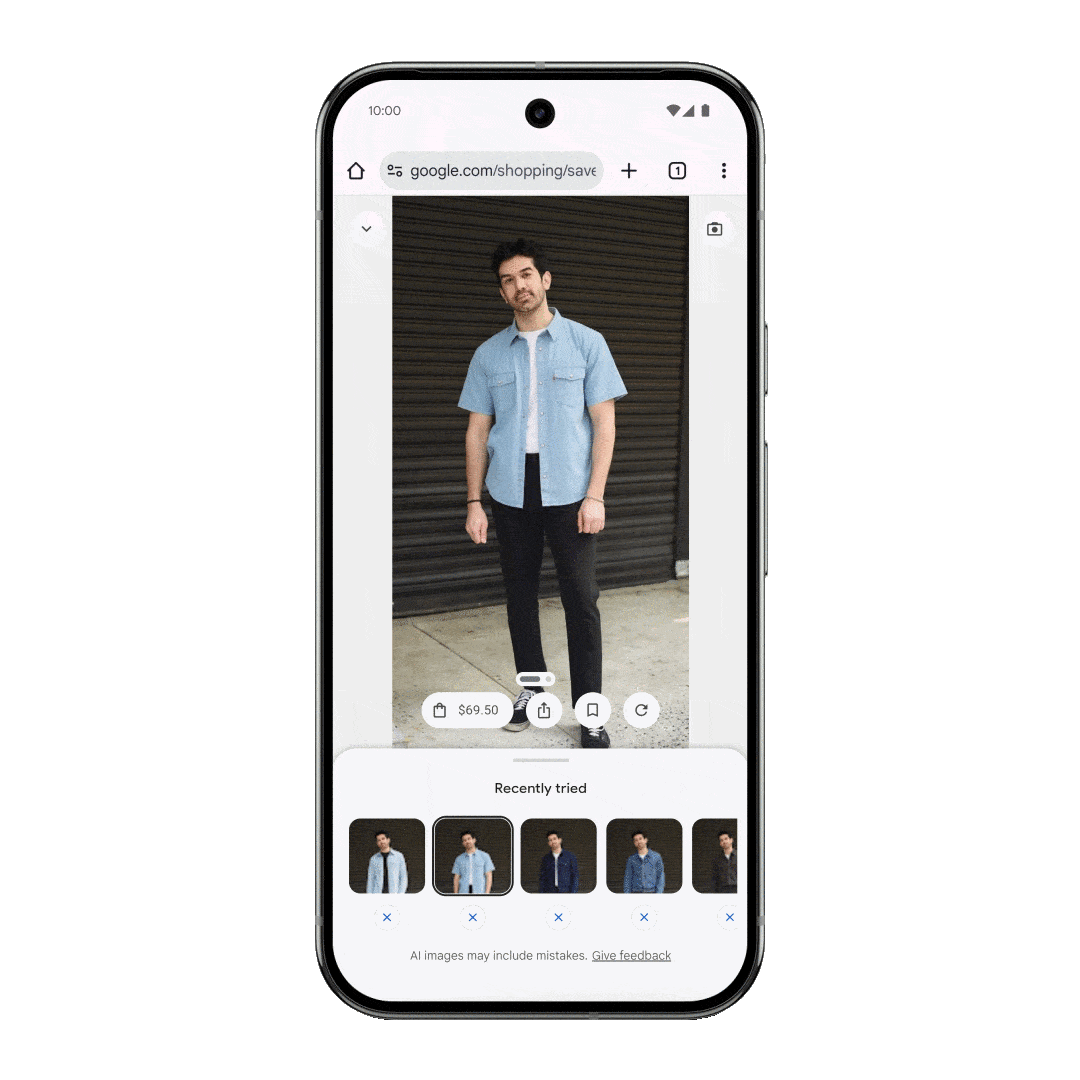 Official Google virtual try-on example showing a selected product on a shopper photo
