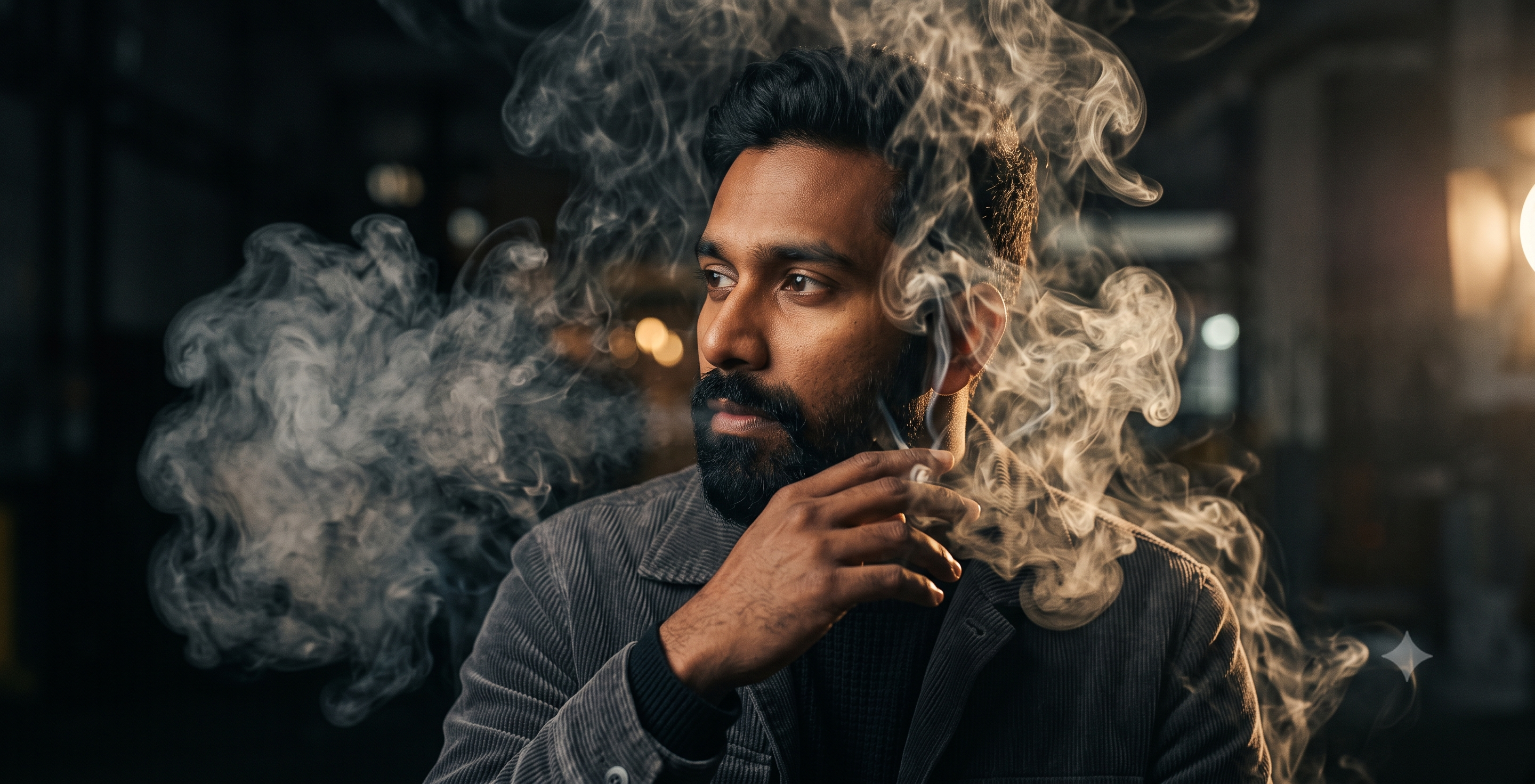 Comparación mostrando creación manual vs IA de retratos con humo
