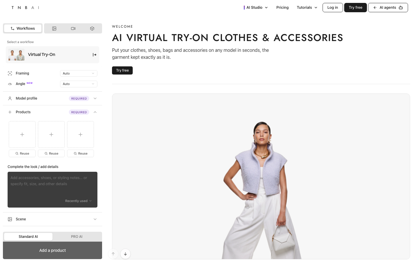The New Black AI Virtual-Try-On-Seite, die seinen Mode-Workflow zeigt