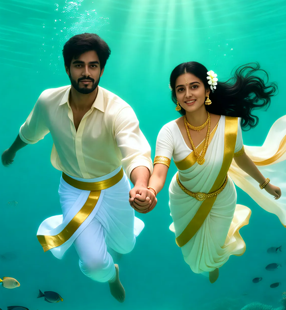A couple swims underwater