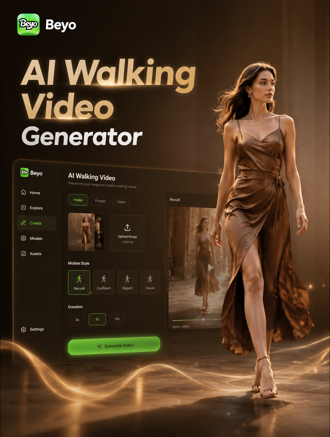 AI walking video generator transforming a portrait into an animated walking clip