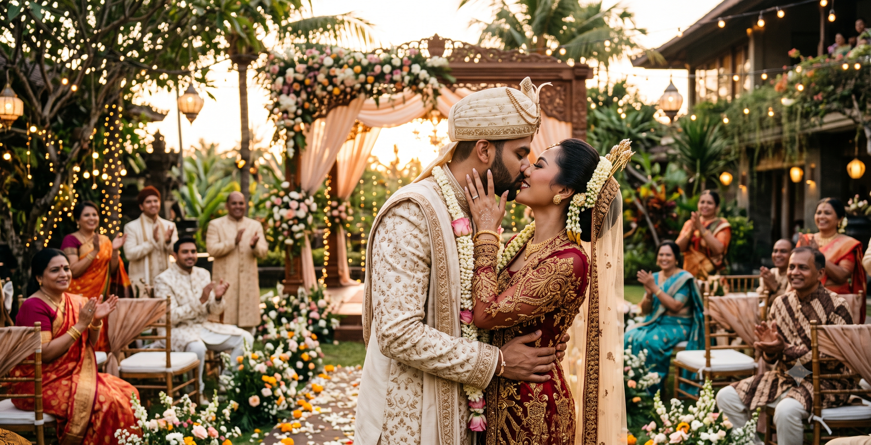 Playful and joyful newlywed kiss video generated by AI