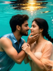 Artistic watercolor style underwater couple portrait