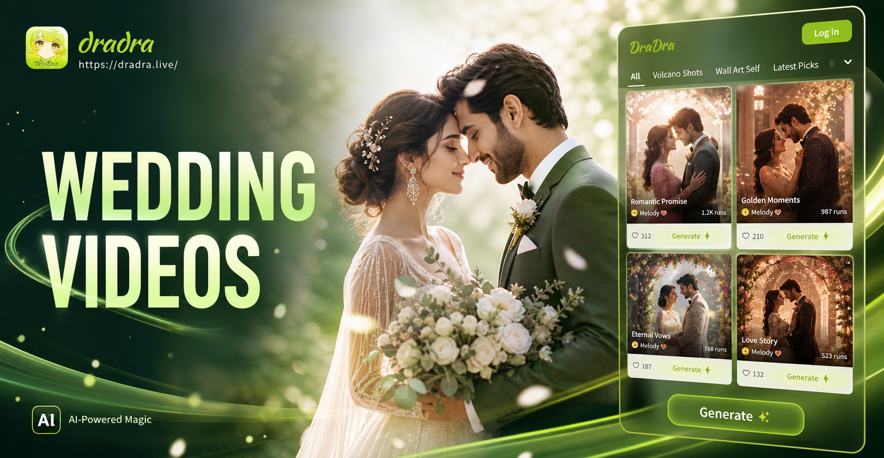 Capa editorial do gerador de vídeos de casamento DraDra AI