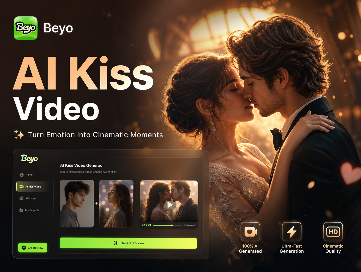 Generador de Videos de Beso Romántico con IA - Crea Impresionantes Videos de Beso Romántico con IA al Instante
