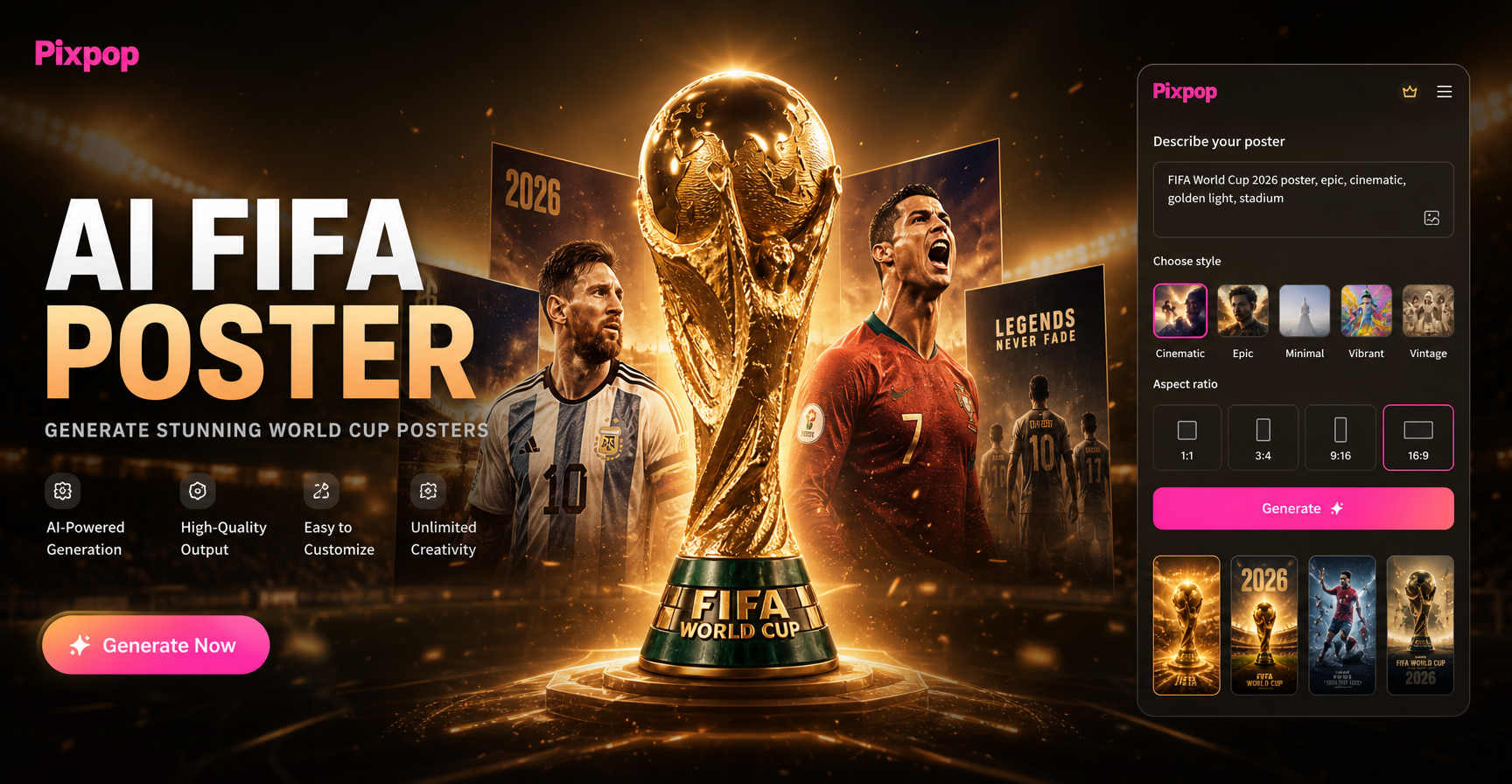 Pixpop AI FIFA 월드컵 포스터 생성기 - 무료 온라인 에픽 월드컵 포스터 메이커