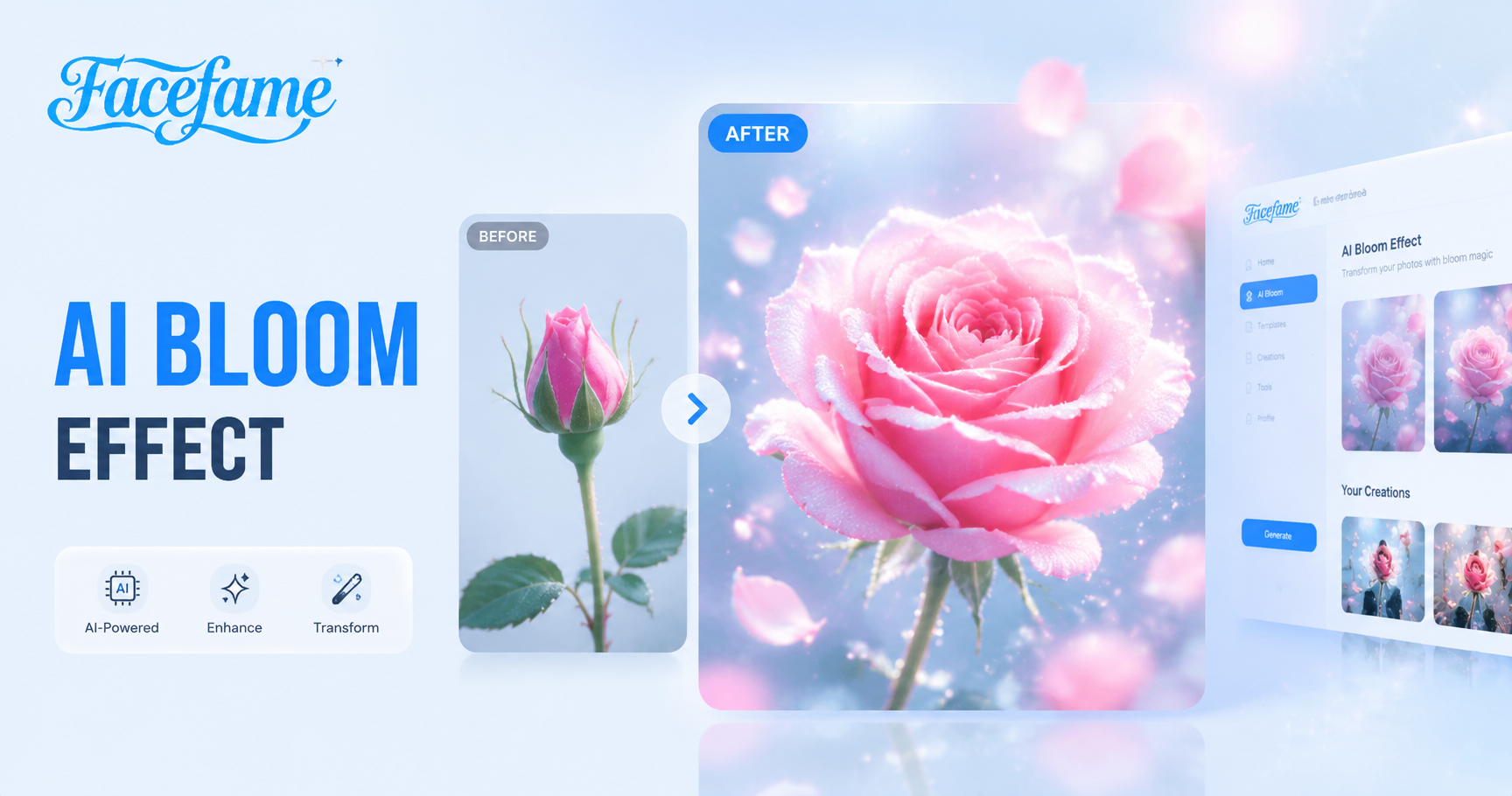 AI Bloom-Effekt-Foto- und Video-Erstellung mit Facefame