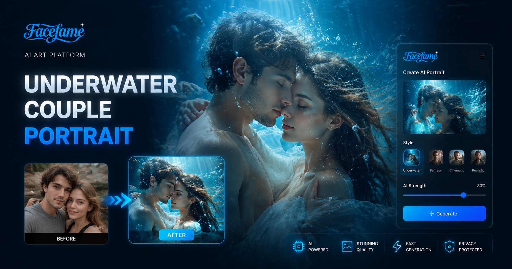 Unterwasser-Paarporträt KI-Generator von Facefame