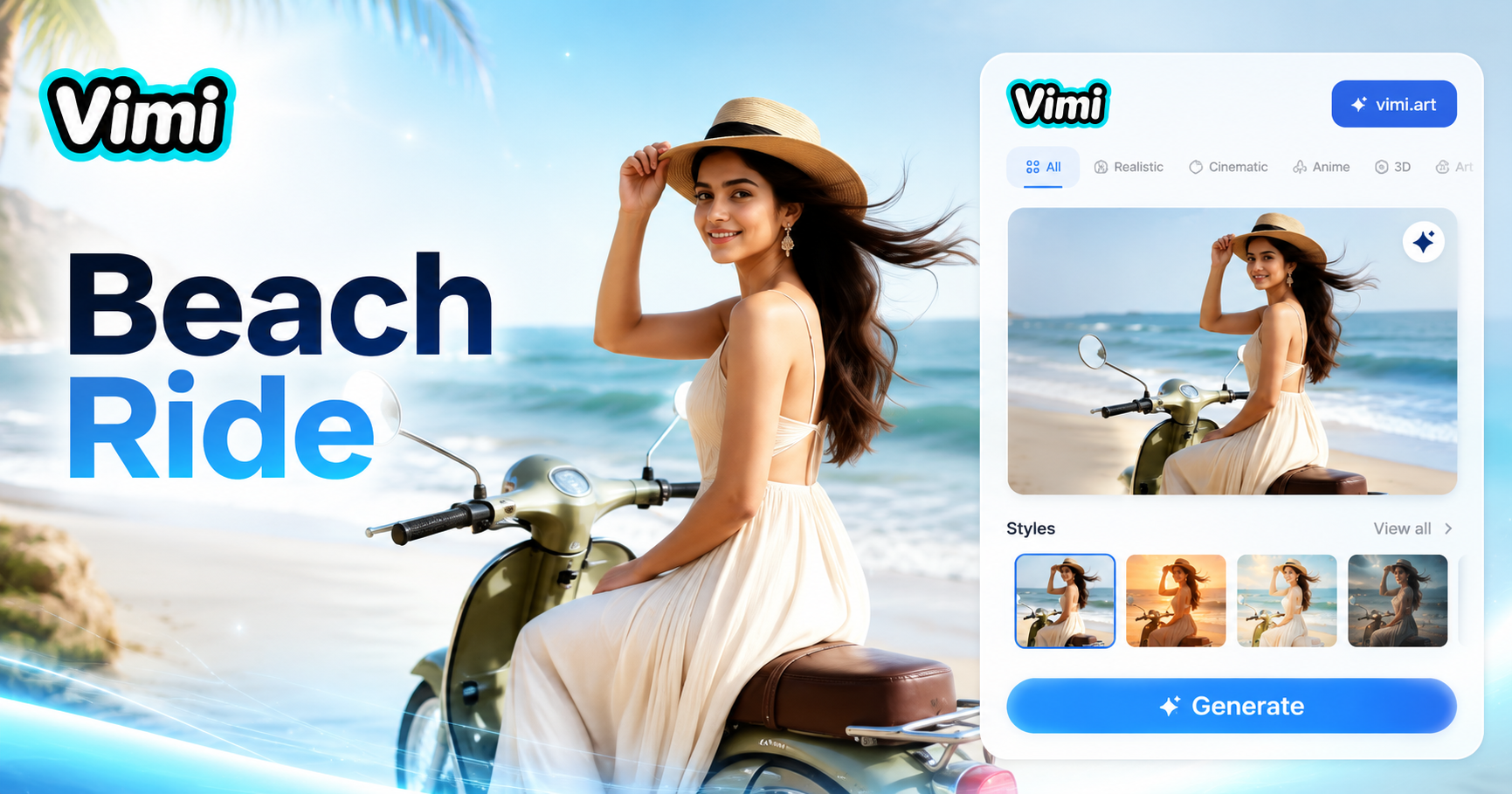 Vimi Strand-Motorrad-Porträt: Erstellen Sie dynamische Sommer-Fahrer-Bilder