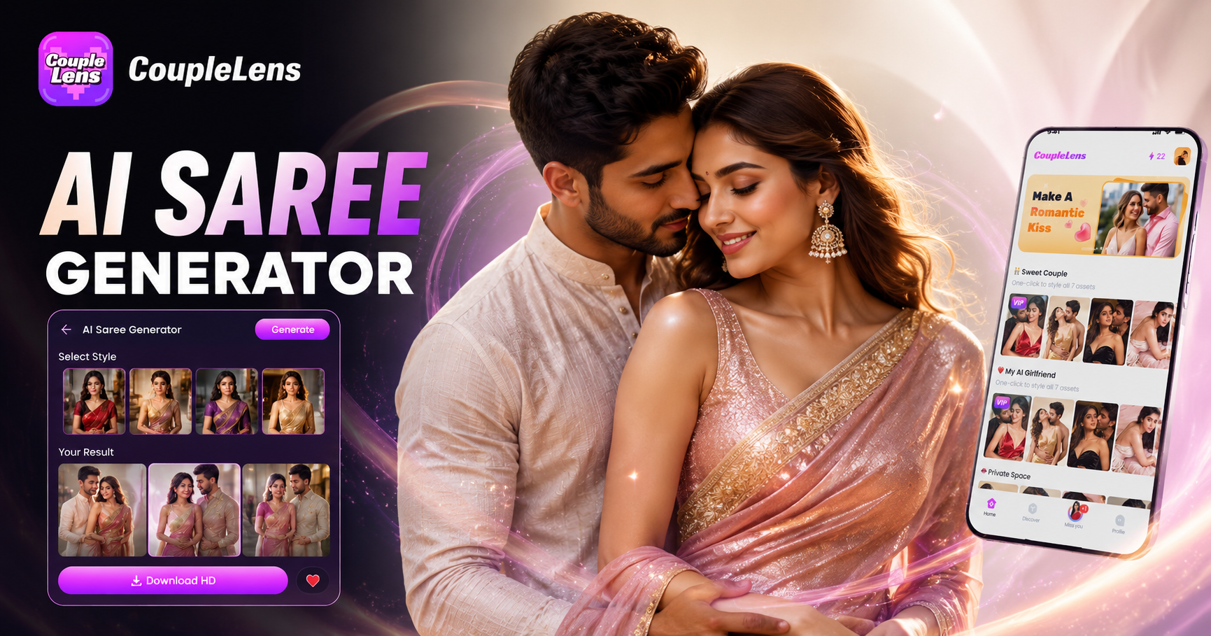 Generador de Saree con IA: Crea Hermosos Retratos de Saree con IA con CoupleLens