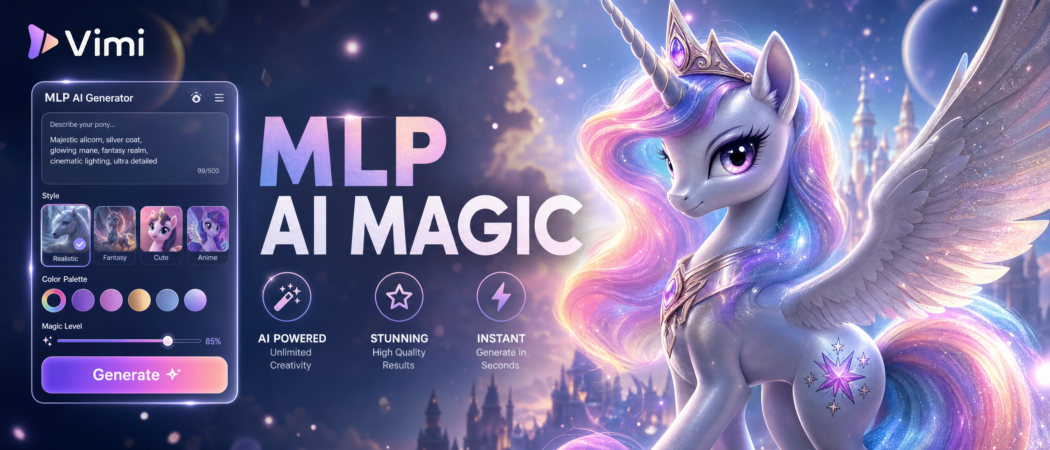 Vimi MLP AI 생성기: 몇 초 만에 마이 리틀 포니 캐릭터 만들기