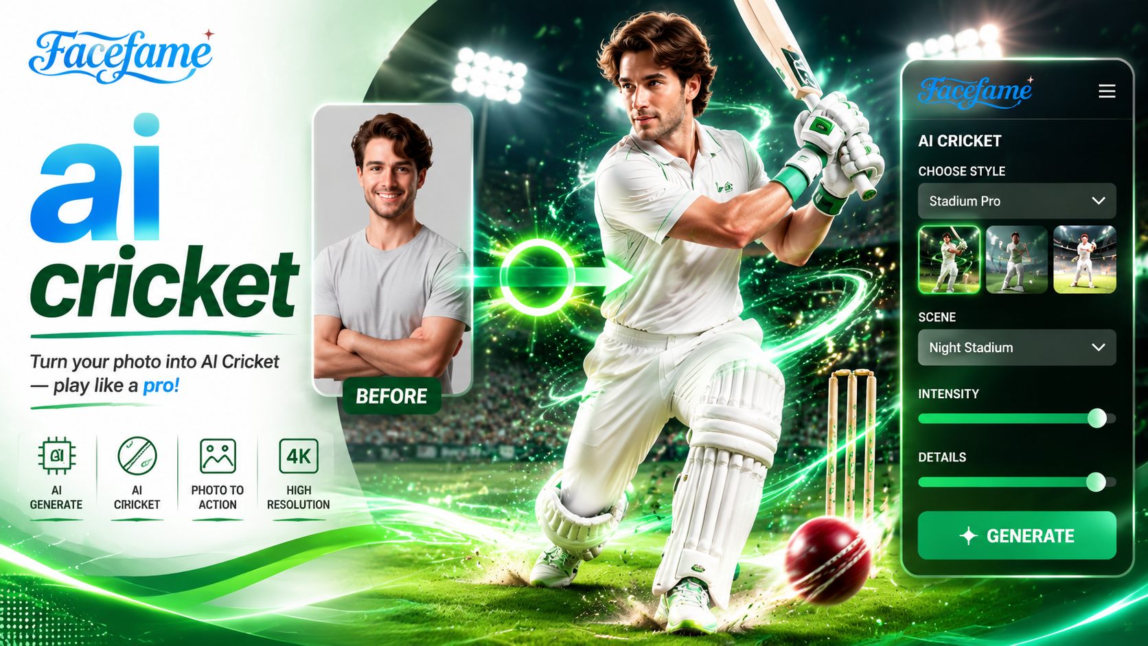 Generador de Cricket con IA | Crea Vídeos de Cricket con Facefame