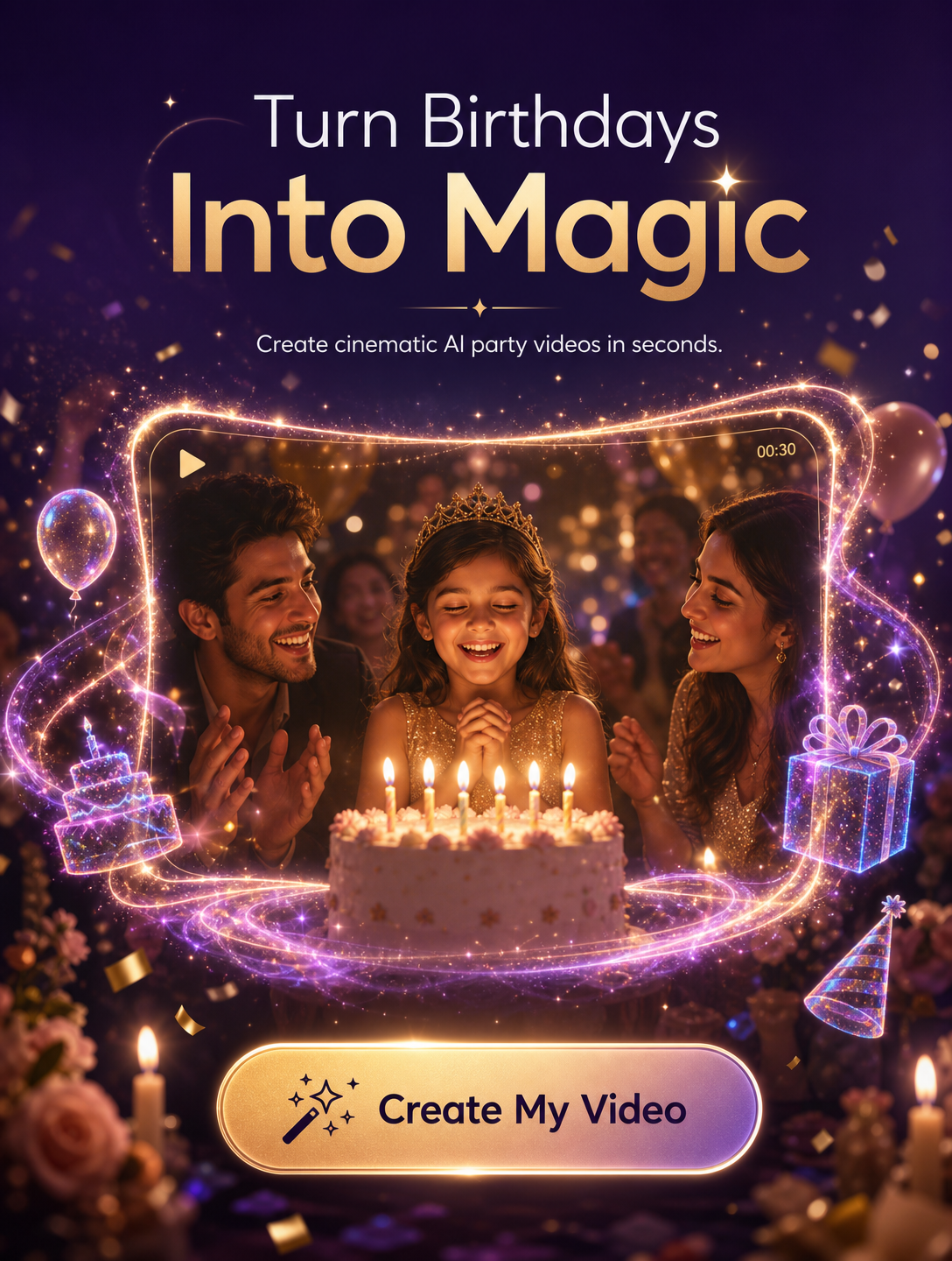 AI जन्मदिन पार्टी वीडियो इफेक्ट: सरप्राइज वीडियोज़ के लिए मुफ्त फिल्टर | CoupleLens