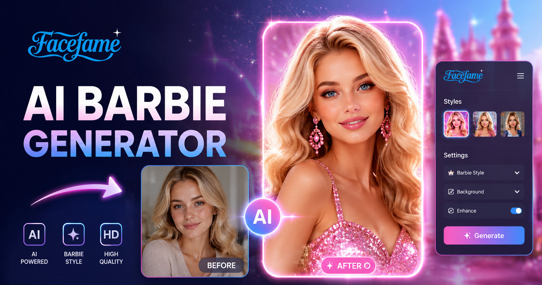 AI Barbie Generator Facefame AI 이미지 비디오 도구