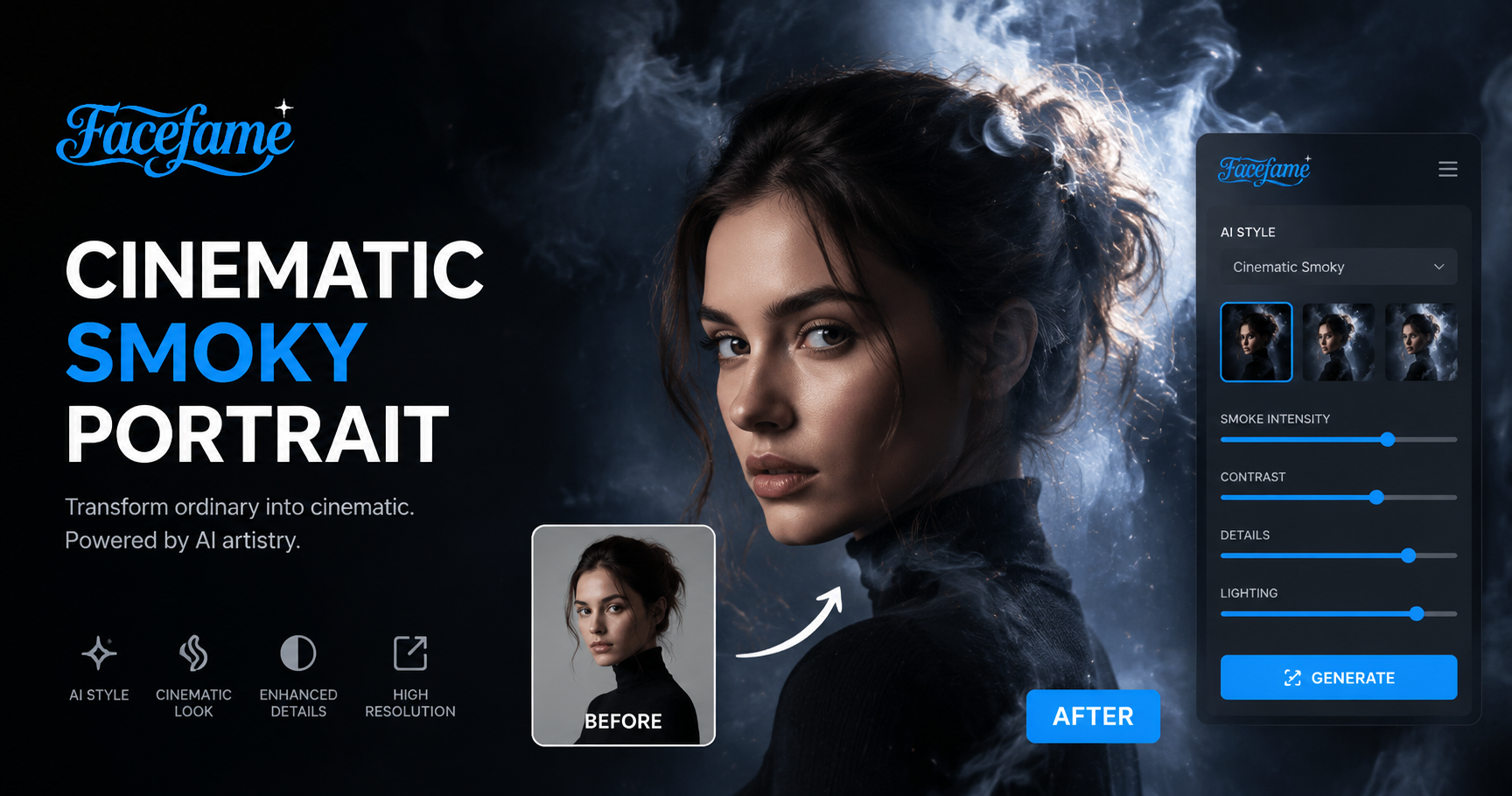 Kinematografischer Rauchporträt | KI-Porträt-Generator | Facefame