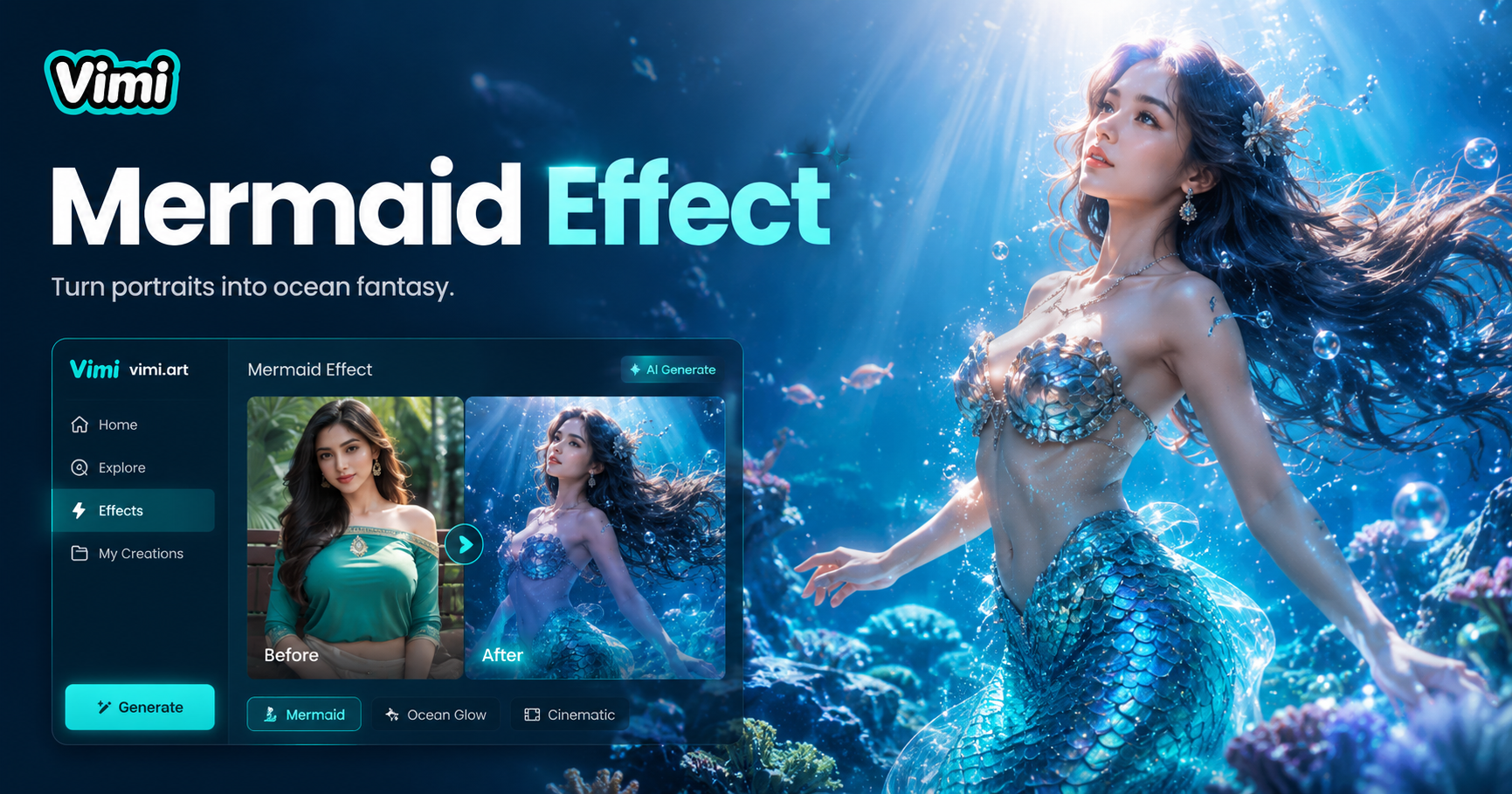 Vimi Efecto de Video Sirena con IA: Convierte Fotos en Vídeos de Sirenas