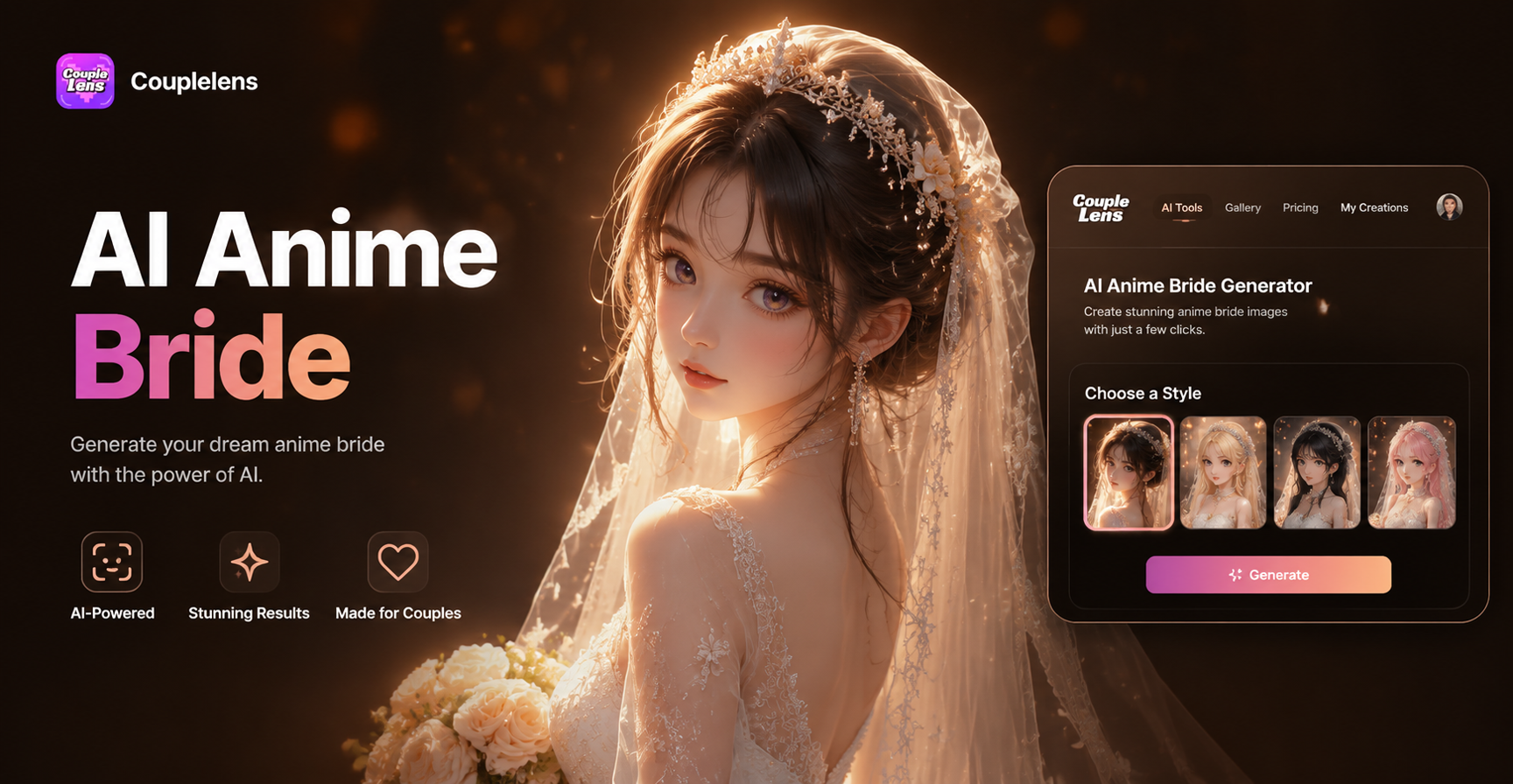 Gerador Gratuito de Noiva Anime com IA: Crie Arte de Casamento Anime com o CoupleLens