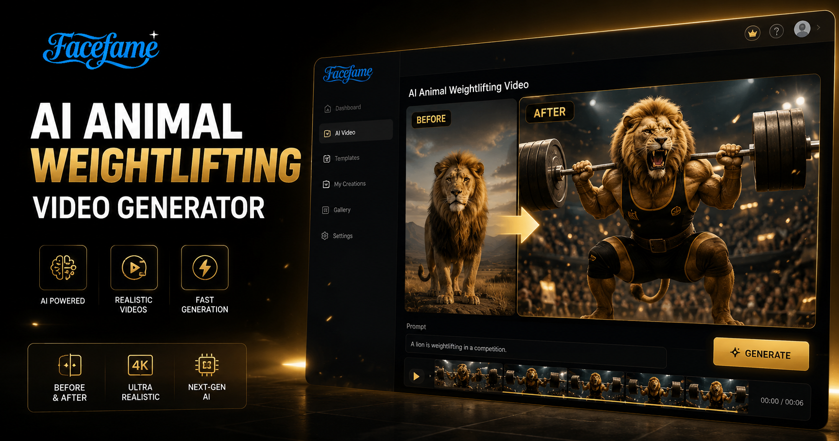KI-Tier-Gewichthebe-Video-Generator | Facefame KI Video Creation Tool