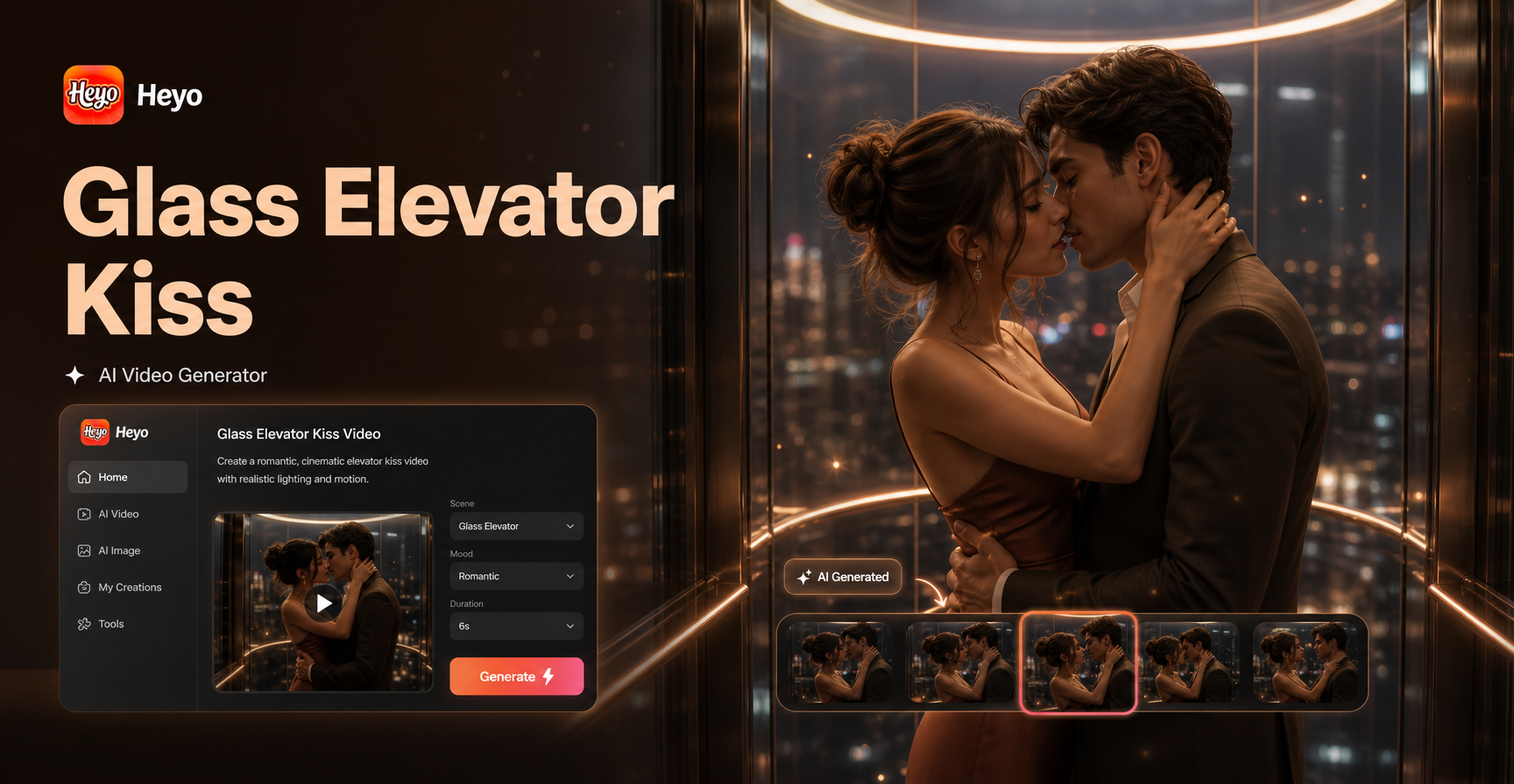 Heyo AI Glass Elevator Kiss Video Generator: Passionate City View Kiss Scenes
