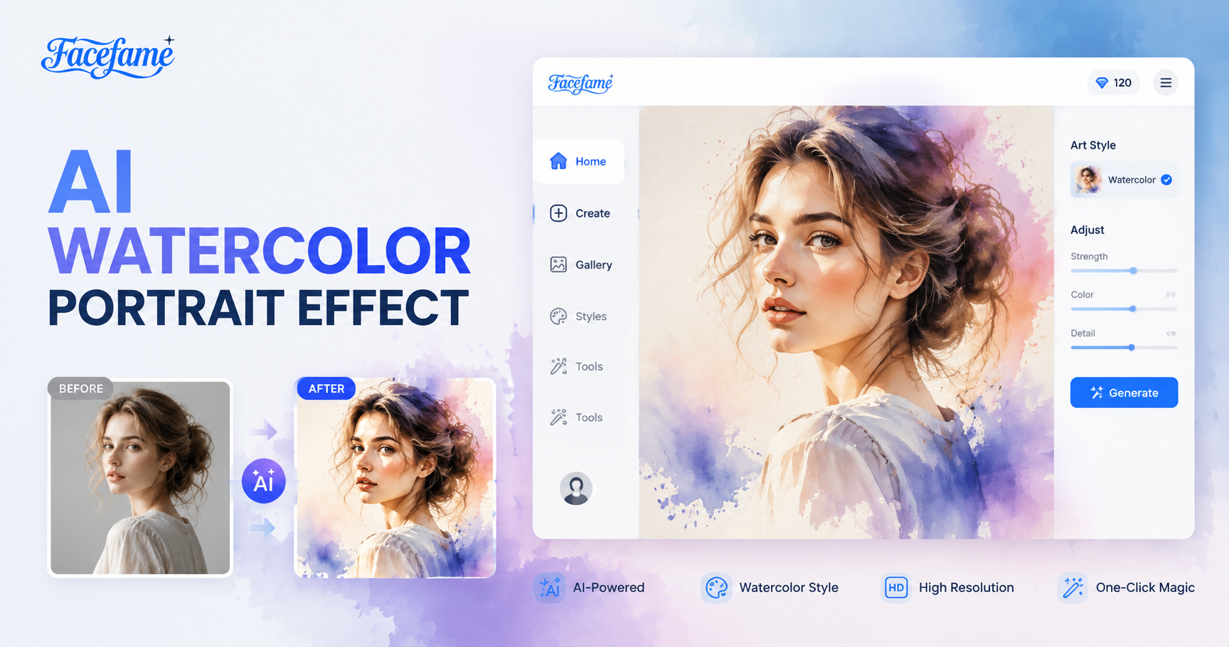 AI Watercolor Portrait Effect Generator Facefame App