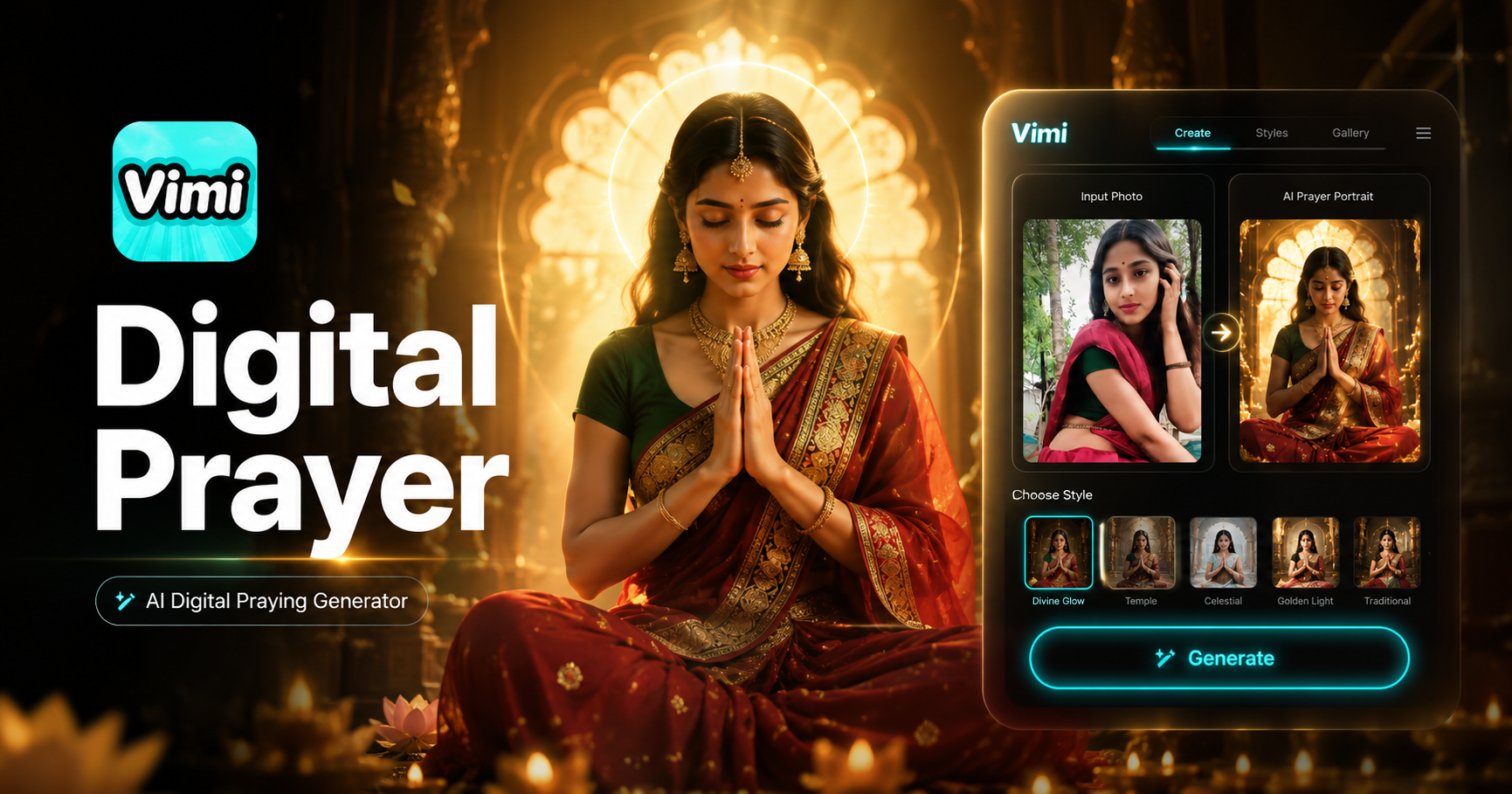 Vimi KI Digitales Gebets-Generator: Erstellen Sie spirituelle digitale Gebetsporträts