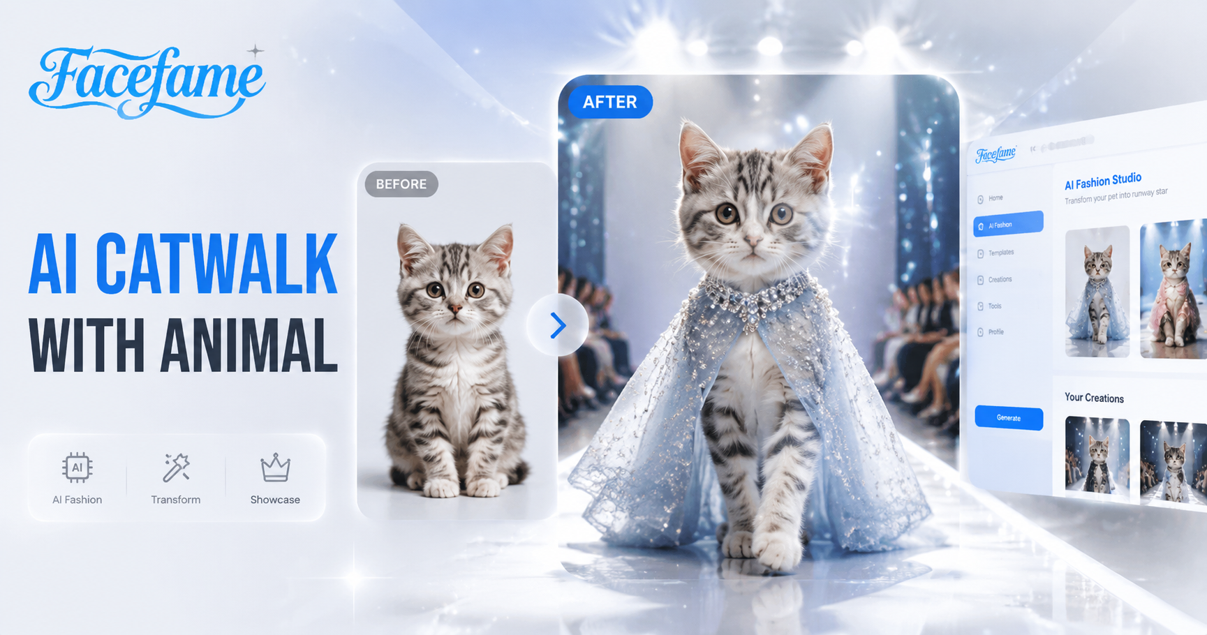 KI-Catwalk mit Tieren Online | Facefame AI Video Generator