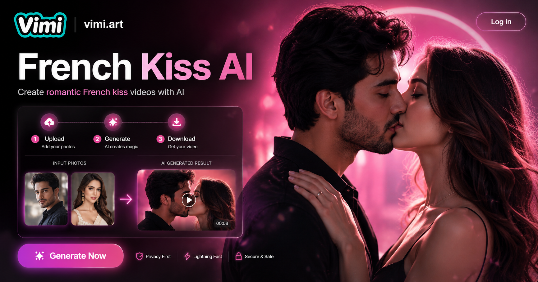 Erstelle romantische KI French Kiss Videos mit Vimi